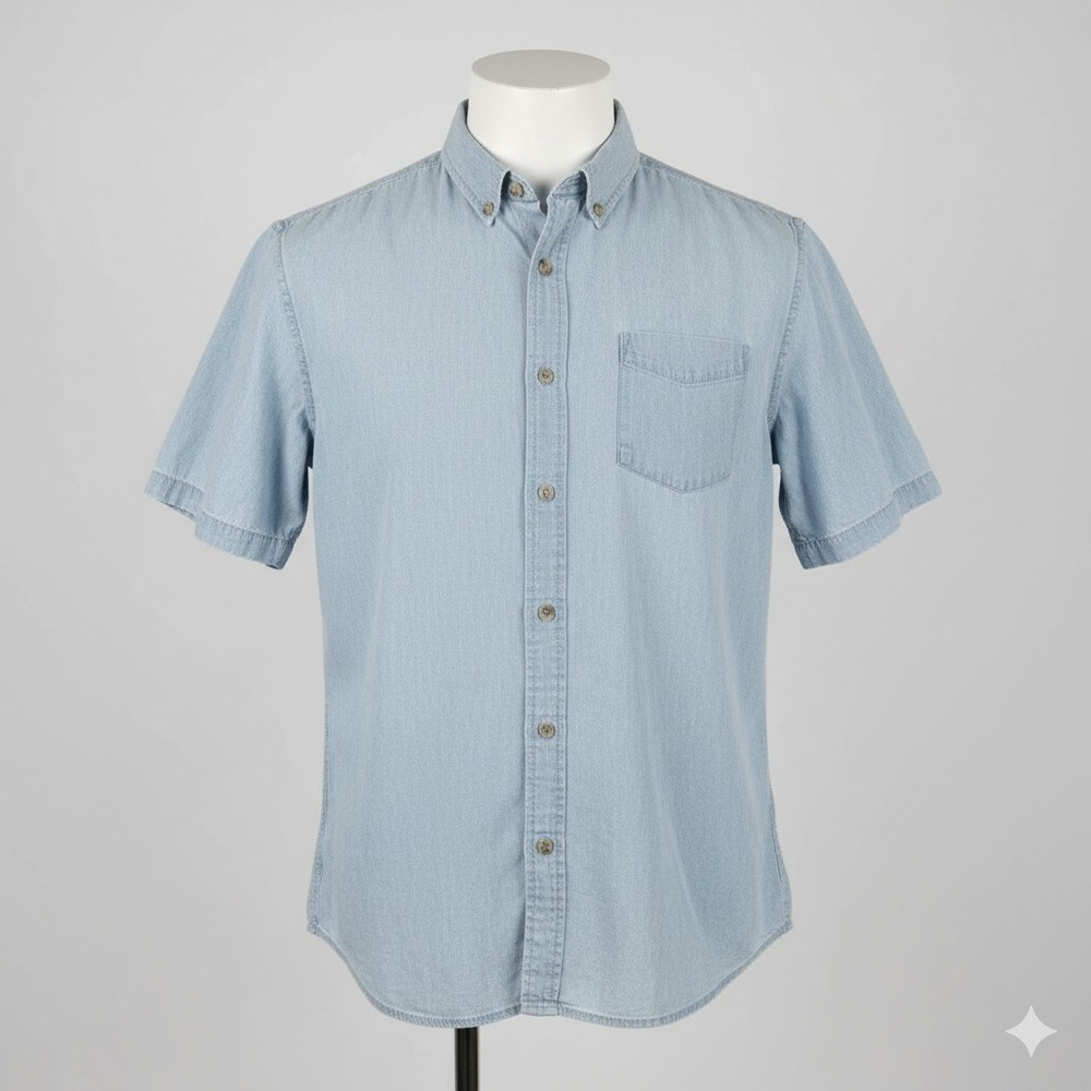 1991 by Cotton On Men's Large Denim Short Sleeve Button Down‎ Shirt Light Blue
